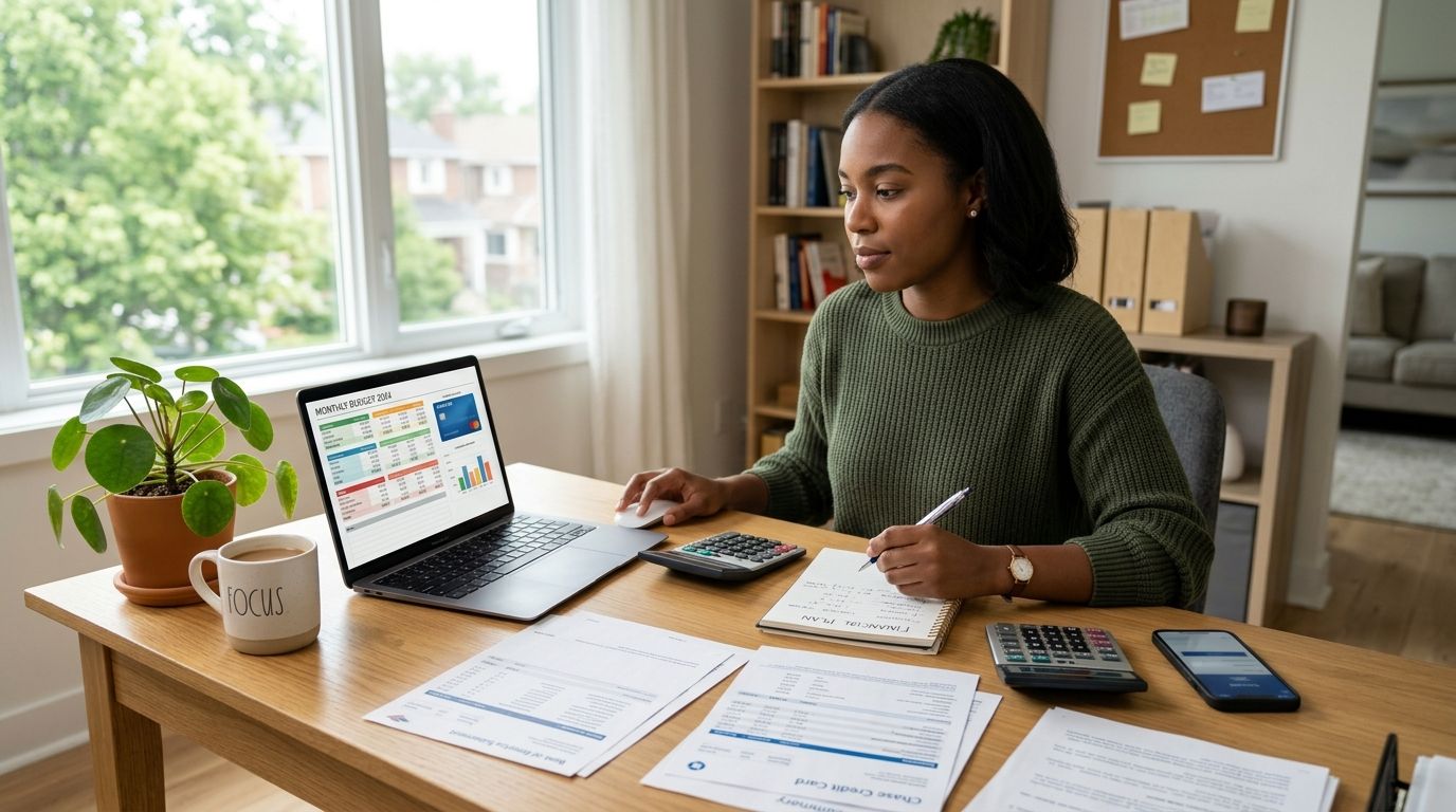 Gestion de budget à domicile : calculatrice, carte bancaire et suivi financier sur ordinateur portable
