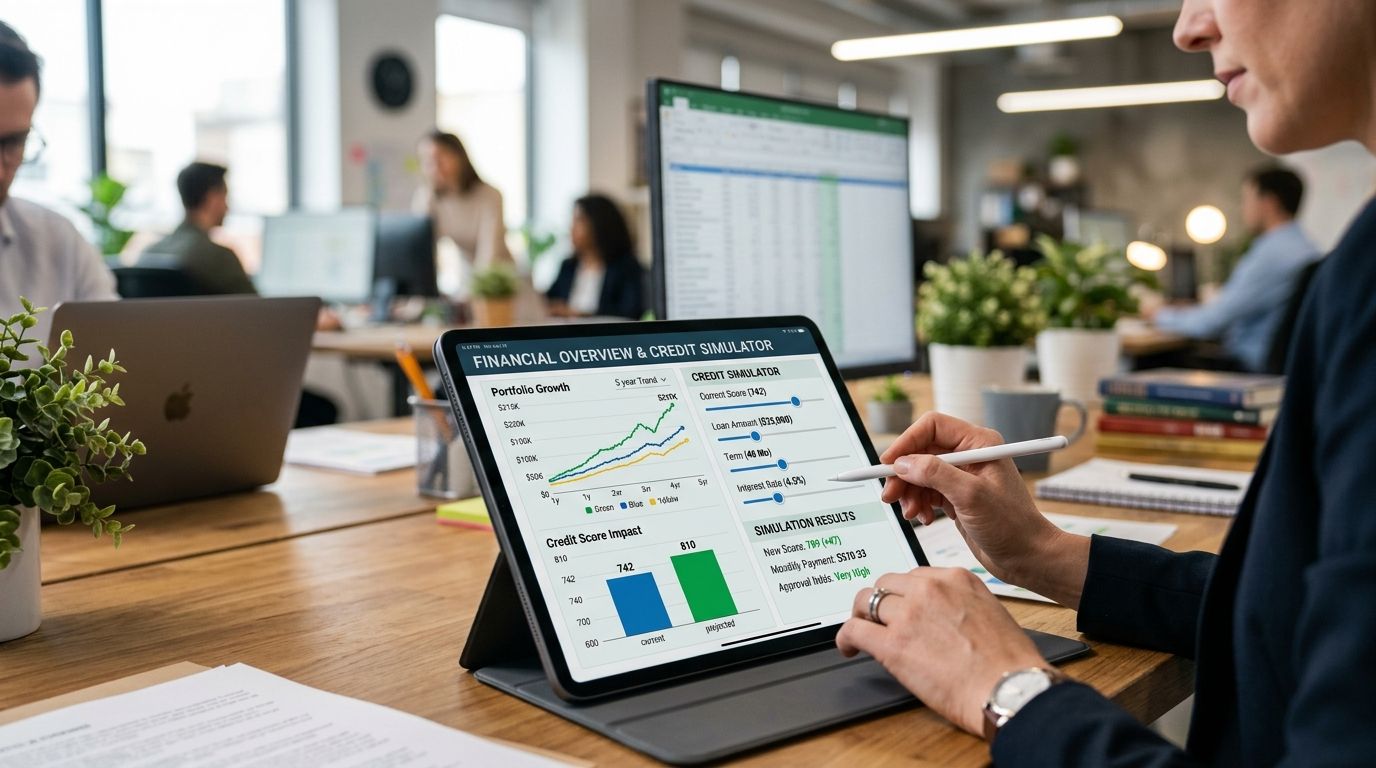 Simulateur de crédit sur tablette affichant montant, taux et mensualités
